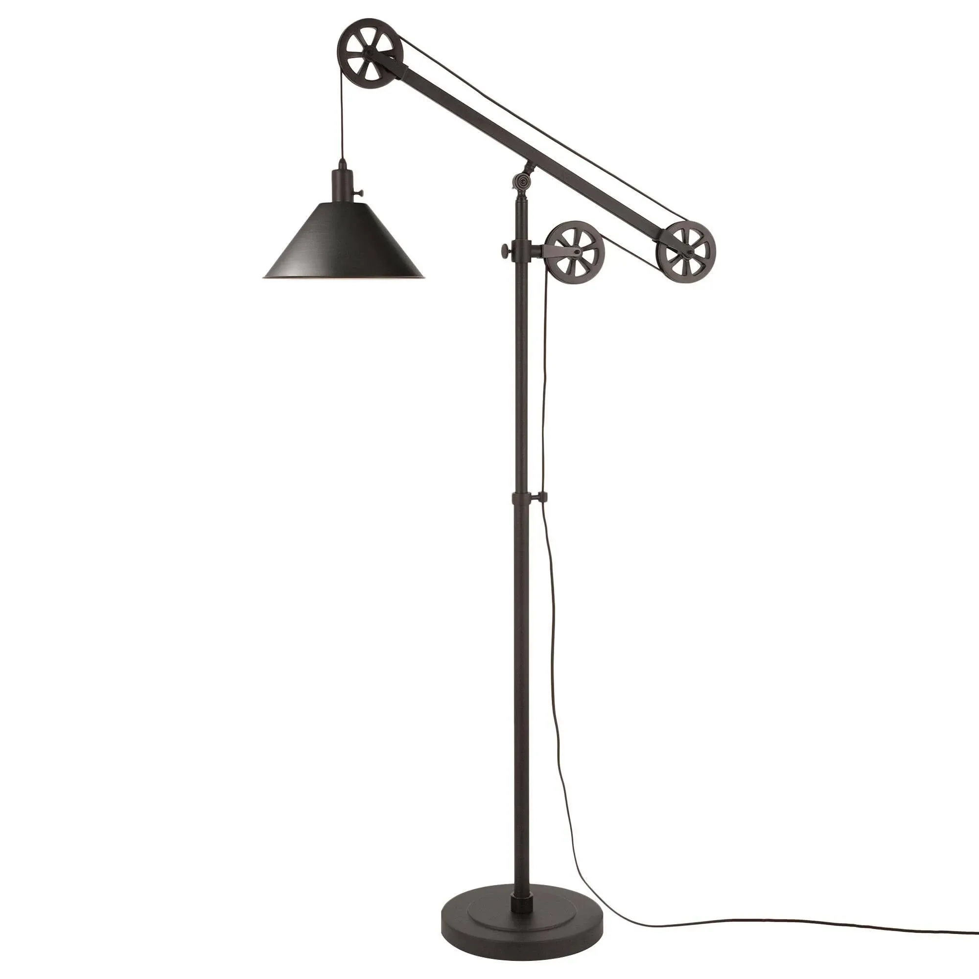 Descartes Industrial Farmhouse Floor Lamp in Blackened Bronze with Pulley System