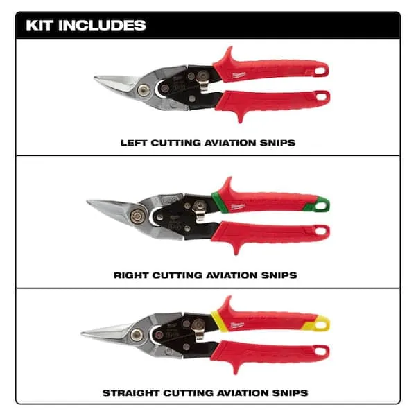 Milwaukee 48-22-4533 Aviation Snip Set, 10 in OAL, 5 in L Cut, Left, Right, Straight Cut, Steel Blade, Ergonomic Handle