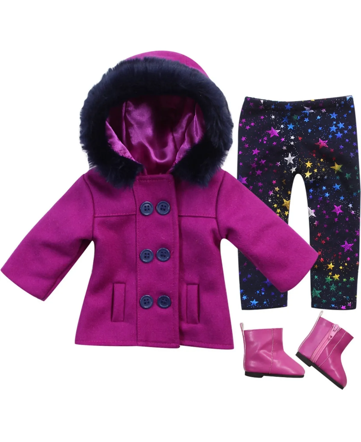 Teamson Kids - 18" Doll - Fuchsia Pea coat, Star Print Leggings Ankle Boots Set, 3 Piece - Hot Pink