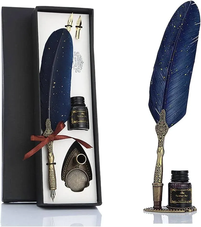 VANGOAL Vintage Carving Feather Pen Set, Glittering Quill Set Antique Calligraphy ...