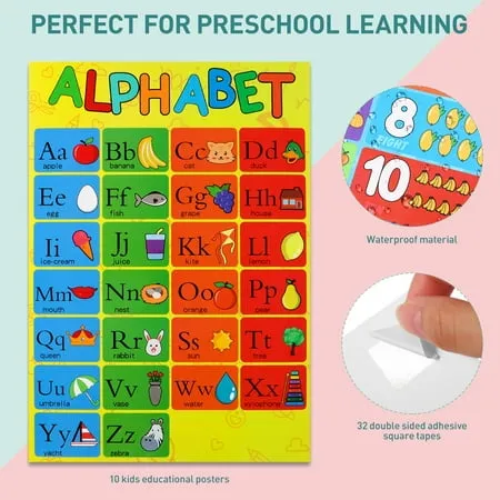 Educational Preschool Poster Easy Read&Learn Design for Toddlers Kids Nursery Homeschool Kindergarten Classroom Playroom Teach Alphabet Letters Colors Days of the Week Numbers and More by STOBOK 10pcs