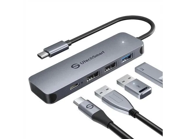 USB C Hub 4 Ports, UtechSmart Ultra-Slim & Aluminum USB C Adapter with 3 USB 3.0/2.0, 100W Fast Charging, USB C to USB Hub for MacBook Pro/Air.