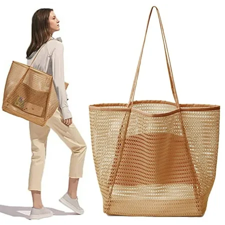 Dicasser Mesh Tote Bag Beach Bag Extra Large Tote Bags for Women with Zip Pocket Shoulder Bag Summer Beach Bags Reusable Shopping Bag for Picnic Holiday Travel Grocery Khaki