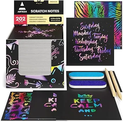 Arteza Scratch Paper Notes, Set of 202 Sheets, 3.5"X3.5" Inches 200 Rainbow & 2