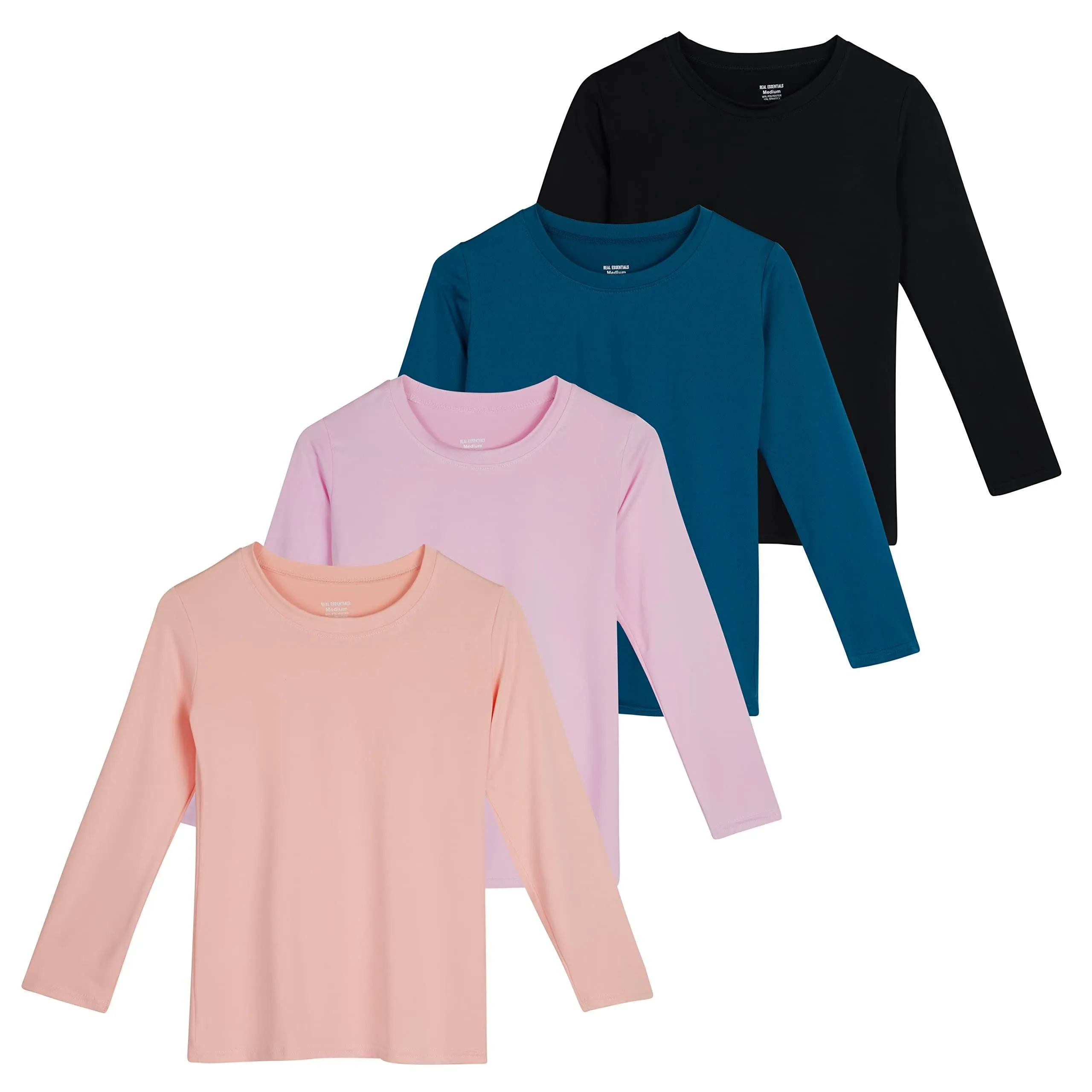 Real Essentials Girls' Dry-Fit Long Sleeve Active Crew Neck T-Shirt (4 Pack)