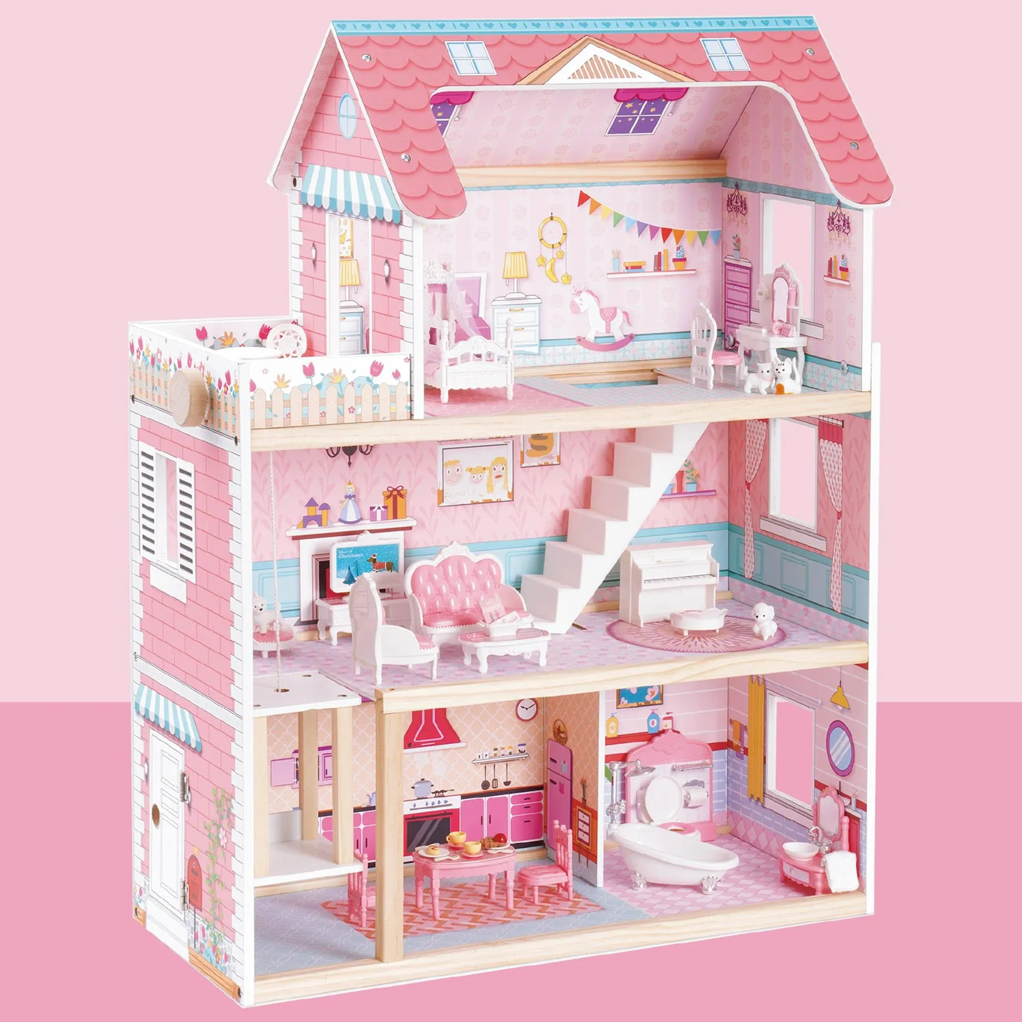 Robud Wooden Dollhouse, Doll House Playset with 24-Pcs Exquisite Accessories ...