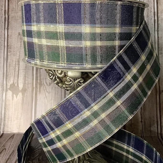 Wired Ribbon-Blue White and Green Plaid Ribbon-Farmhouse Christmas Ribbon-Fall Ribbon-2.5'' x 5 Yard-Ribbon by The Yard