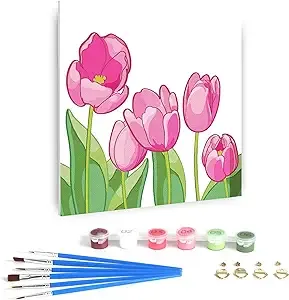 Dynippy DIY Oil Paint by Numbers for Beginner Framed Colourful Canvas Acrylic Oil Easy Painting Kit for Adults Childrens 8x8 inch - (Pink Flower)