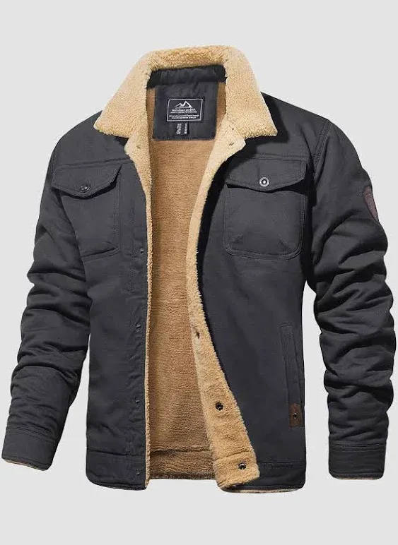 Men's Lined Sherpa Jacket - Warm Multi Pocket Trucker Coat