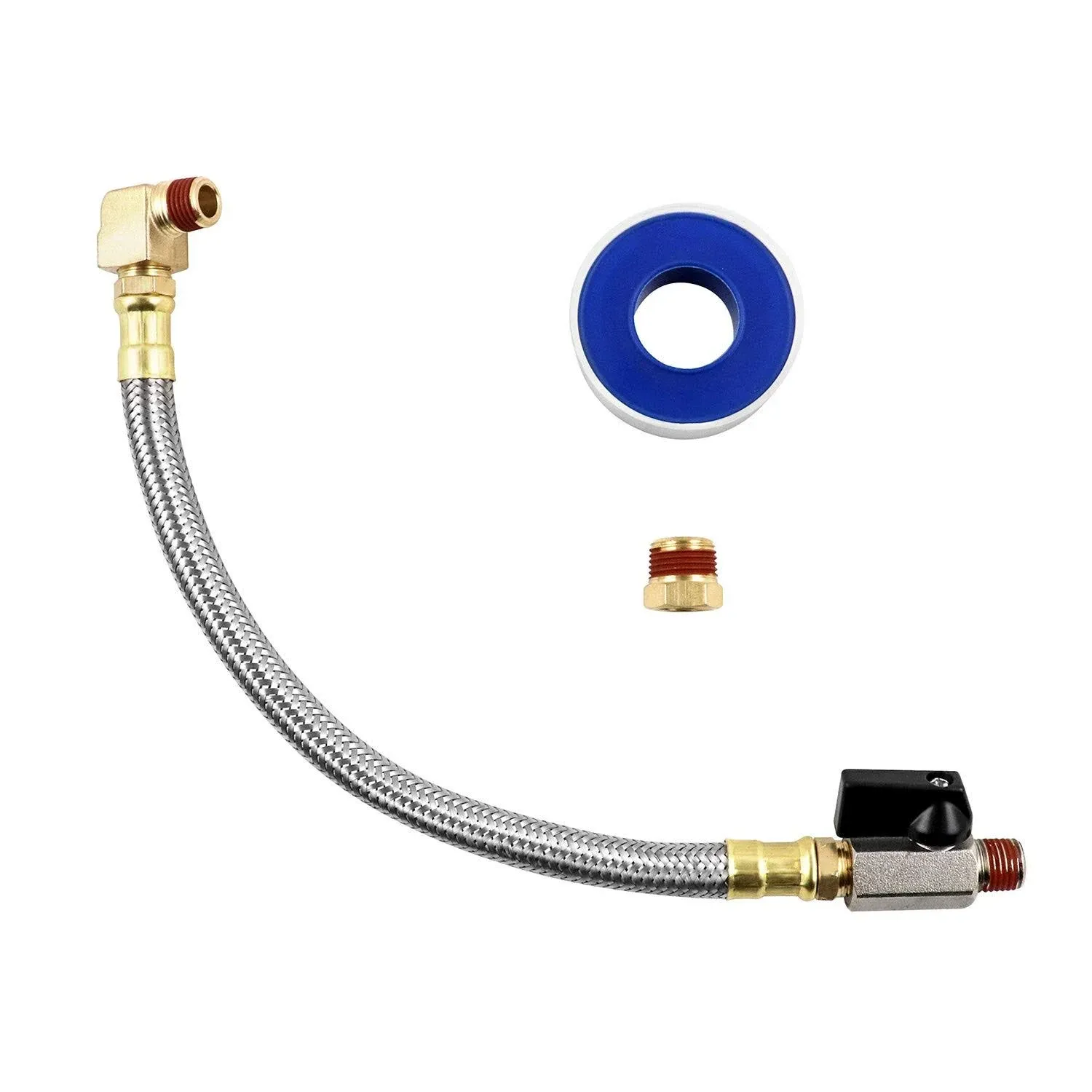 QWORK Extended Tank Drain Valve Assembly Kit for Air Compressor, Including 10 Inches Air Compressor Tank Drain Hose 1/4 inch NPT, 1/4" to 3/8" Brass