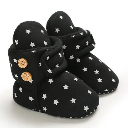 Maxcozy Unisex Newborn Baby Cotton Booties Boots Non-Slip Sole Toddler Boys Girls Infant Winter Warm Fleece Cozy Socks Shoes Black 12-18 Months