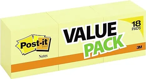 Post-it Notes, 3" x 3" Canary Yellow, 100 Sheets/Pad, 18 Pads/Pack (654-14+4YW)