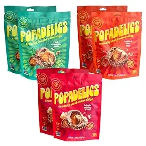 Popadelics Crunchy Mushroom Chips Variety Pack Shiitake Mushroom Crisps, Lightly Cooked and Seasoned, Vegan Chips, Vegan Snacks, Vegan Food, 1.4 oz ea (6 Count)