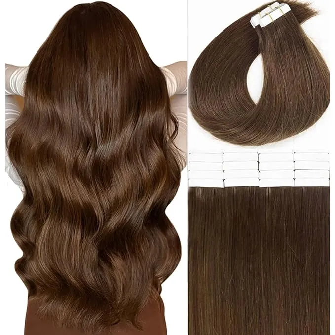 Benehair Tape In 100% Real Remy Human Hair Extensions Seamless Skin Weft Thick Glue Straight Women Brown 10-20pcs 12inch