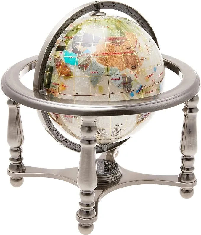 10" Tall Pearl Swirl Ocean Gemstone World map snow Globe with 4 Leg Silver Stand