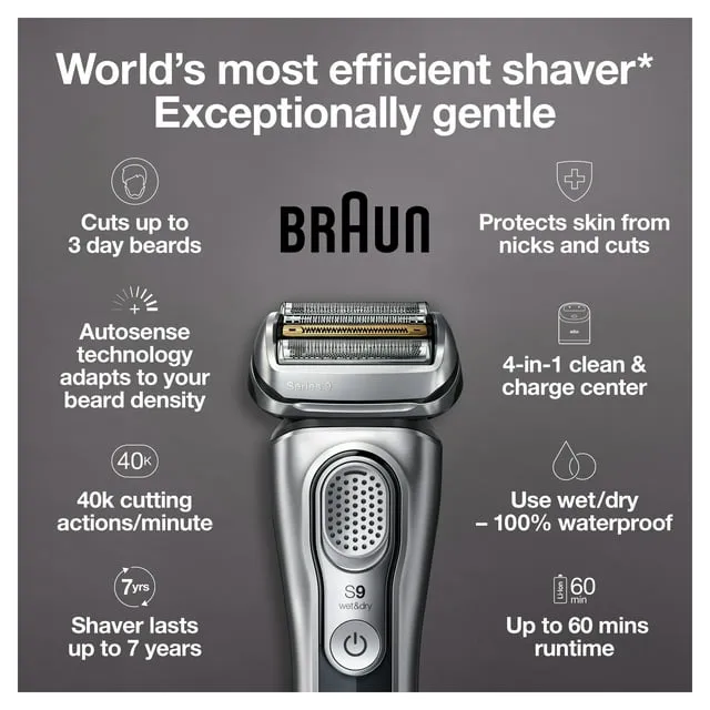 Braun Electric Razor for Men, Waterproof Foil Shaver, Series 9 9390cc, Wet &amp; Dry