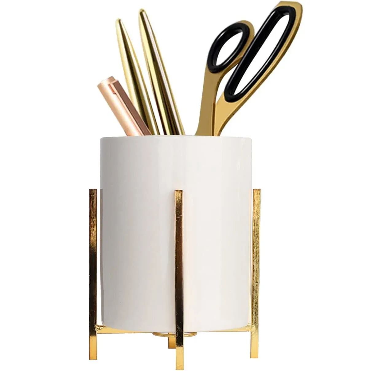 Siebold Gold Pencil Cup Sturdy Metal Frame with White Ceramic Pen Holder for ...