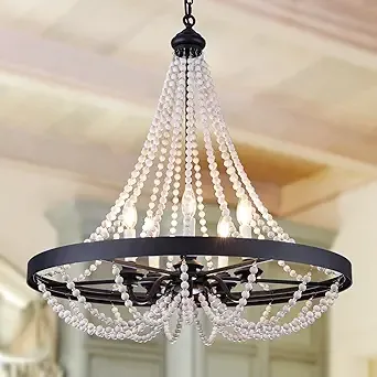 Tochic Beaded Chandelier, 30" Farmhouse Black Foyer Chandelier for Entryway, French Empire Crystal Chandelier for Living Dining Room, Modern Wood Beads Hanging Chandelier for Bedrooms, Kitchen