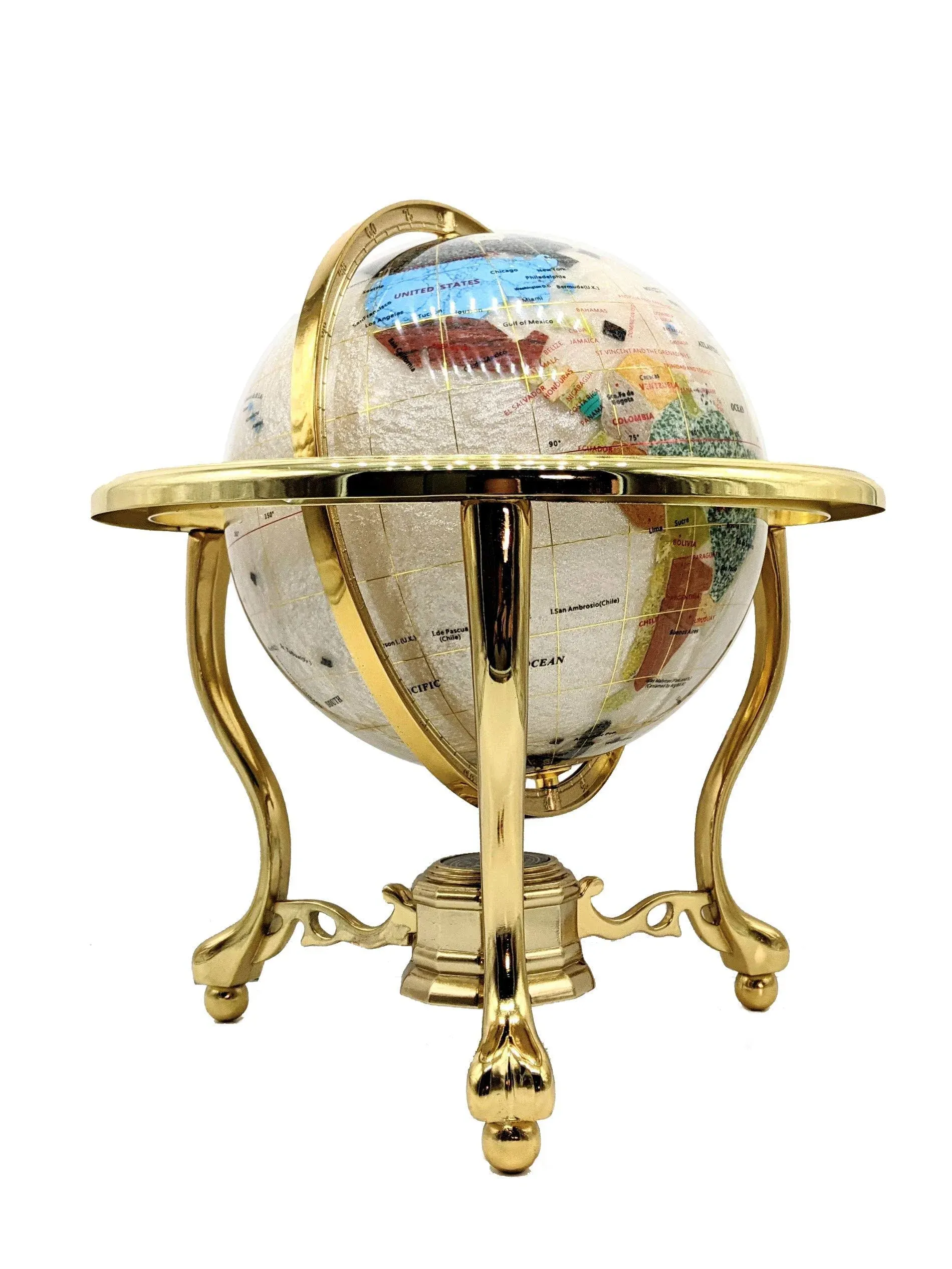 14" Mother of Pearl GEMSTONE GLOBE with GOLD Stand