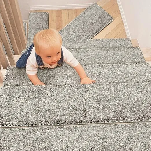 PURE ERA Carpet Stair Treads Ultra Plush Soft Bullnose Indoor Stair Protectors Pet Friendly Non-Slip Skid Resistant Tape Free Washable Reusable(14 Pieces, Cream Gray)