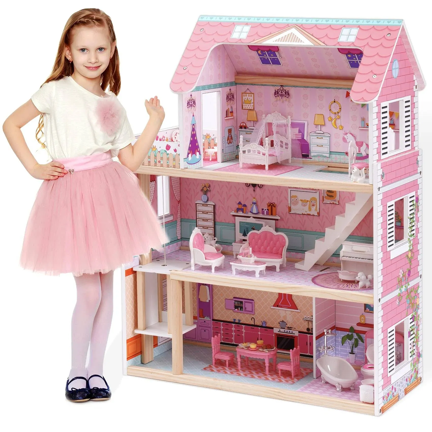 Robud Wooden Dollhouse, Doll House Playset with 24-Pcs Exquisite Accessories ...