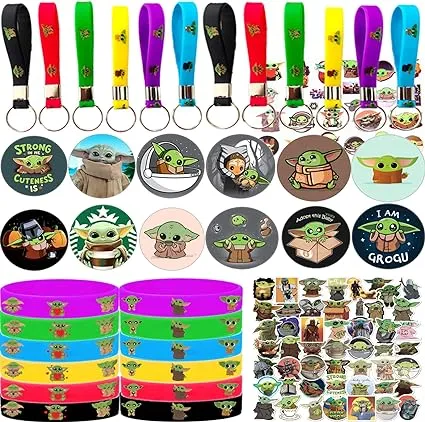 Baby Yoda Birthday Party Supplies, 109 Pack Party Favors - 12 Pack Bracelets, 12 Pack Keychains, 12 Pack Button Pins, 1 Pack Tattoo Sticker Set of 72 Stickers for Birthday Party Decorations