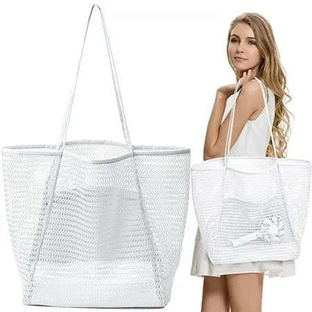 Dicasser Beach Bag Extra Large Tote Bags Mesh Tote Bag for Women with Zip Pocket Shoulder Bag Summer Beach Bags Reusable Shopping Bag for Picnic Holiday Travel Grocery White