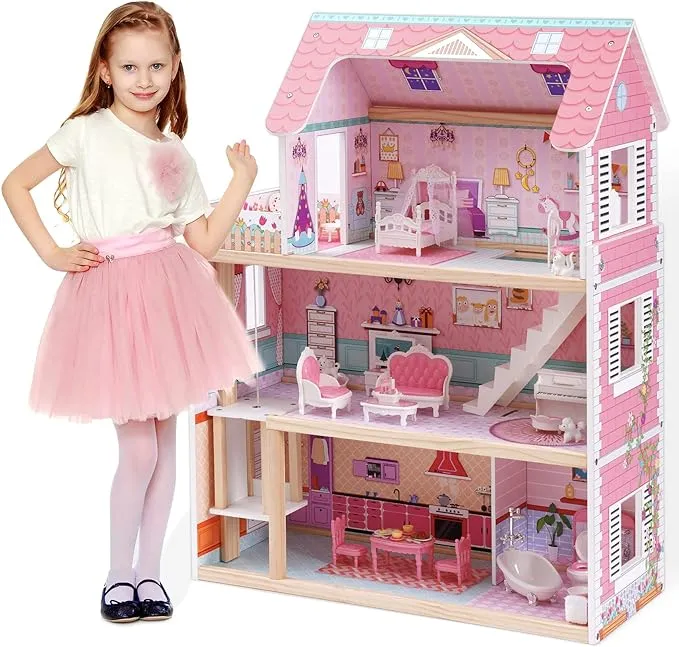 ROBUD Wooden Dollhouse, Doll House Playset with 24-Pcs Exquisite Accessories, Working Elevator, Gift for Ages 3+