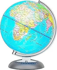 Illuminated Globe of the World with Stand | World Globe for Kids Learning with Build in LED Night Light | Light Up Earth Globe for Children | 8” Globe for Home, Desk, Classroom