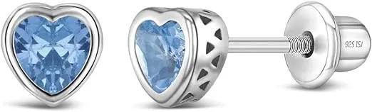 925 Sterling Silver 5mm Girls CZ Heart Earrings Simulated Birthstone Bezel with Screw Back Stud Baby Earrings - Safety Screw Back for Toddlers - Quality Heart Cubic Zirconia Earrings for Kids