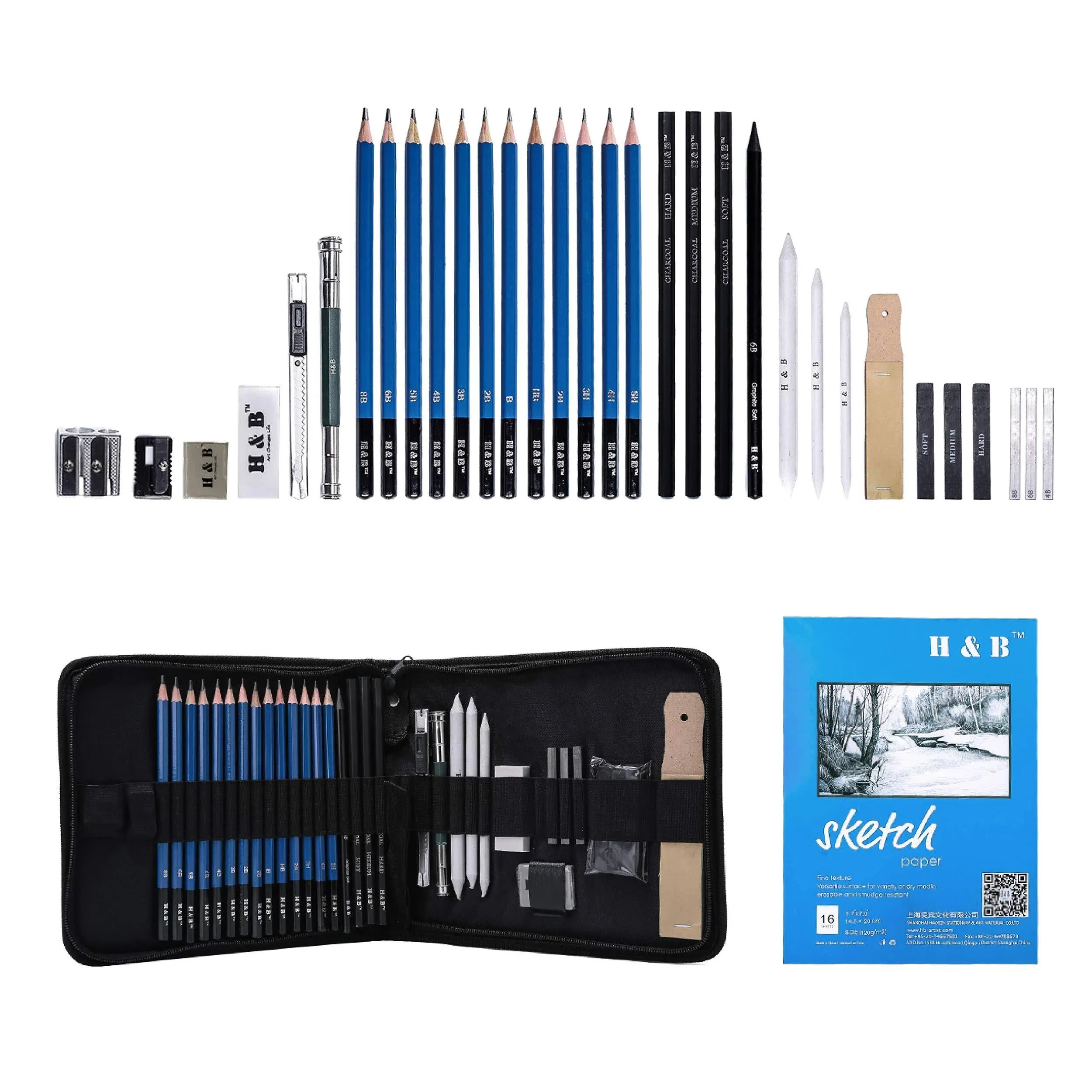 H & B Sketching Pencils Set, Drawing Pencils and Sketch Kit, 33-Piece Complete A