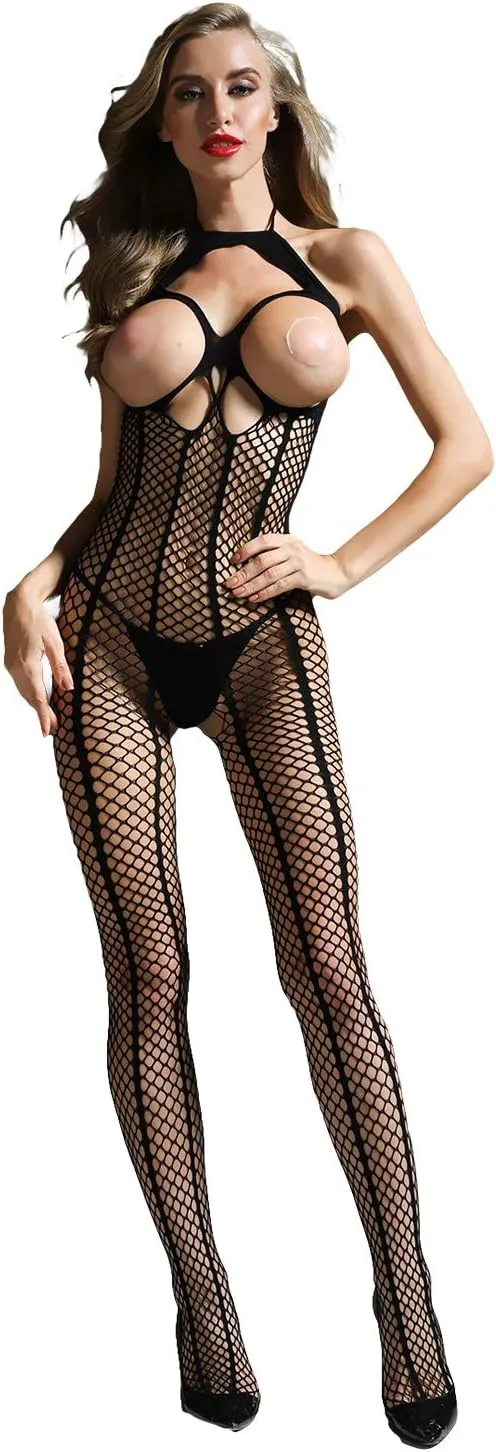 SEDEX Sexy Lingerie for Women Fishnet Bodystocking Floral Lace One Piece Fishnet Teddy Halter Cups Bodysuit Mesh Babydoll