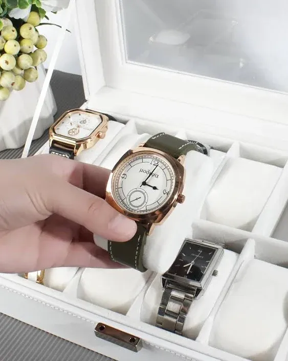 GUKA Watch Box, 12 Slot Watch Case with Large Real Glass Lid, Watch Organizer with Removable Watch Pillow, White Synthetic Leather Watch Display, White