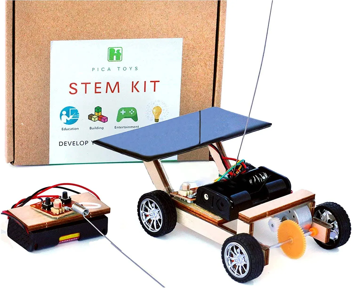 Pica Toys Solar-Powered Car V1, Wooden STEM Kit with Wireless Remote Control