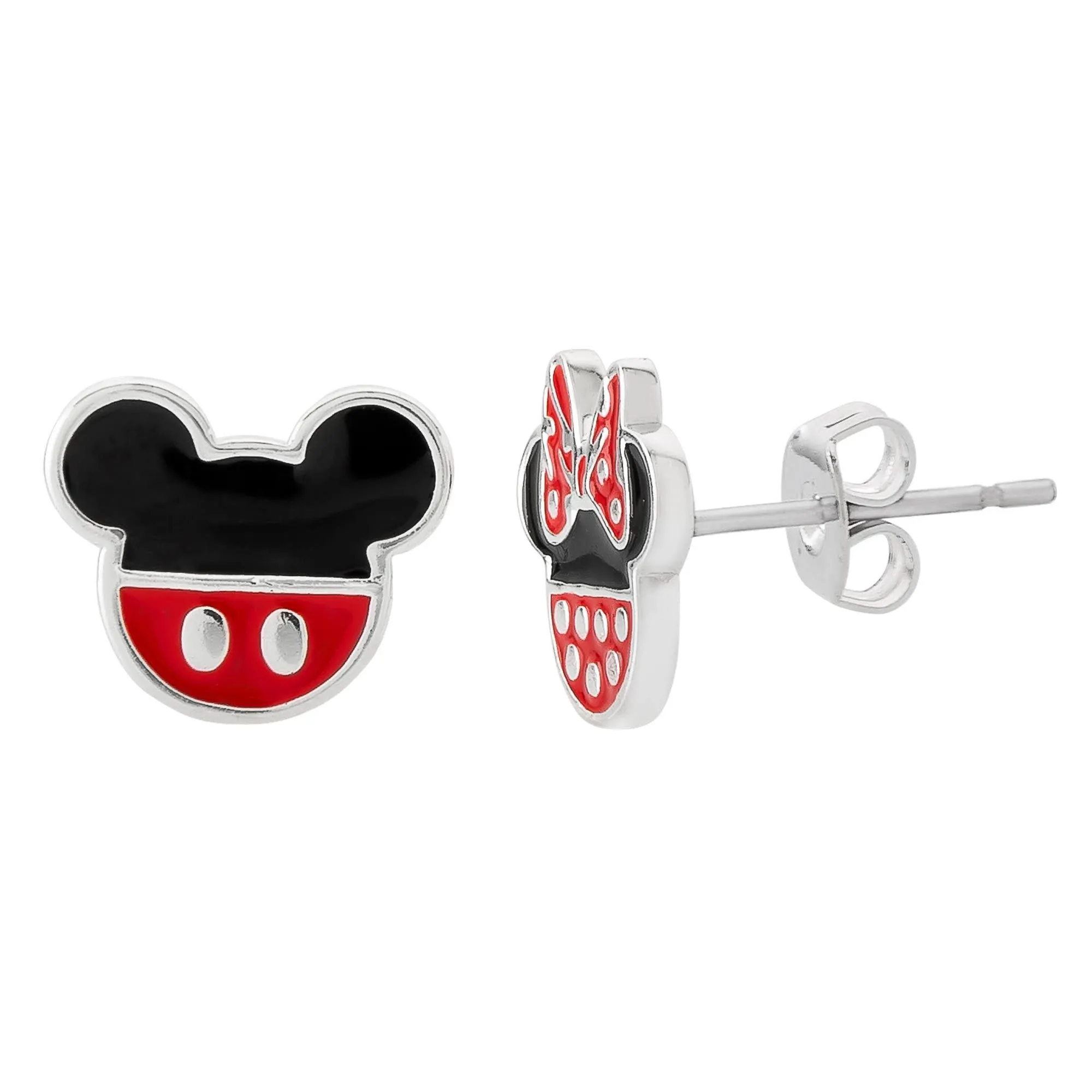 Disney Mickey Mouse and Minnie Mouse Mismatched Stud Earrings, Silver Plated