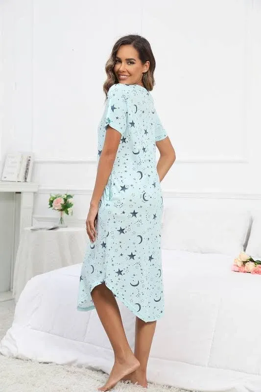 PNAEONG Women Short Sleeve Long Nightgown Soft Cotton Sleepwear Nightshirts Loungewear with Pockets