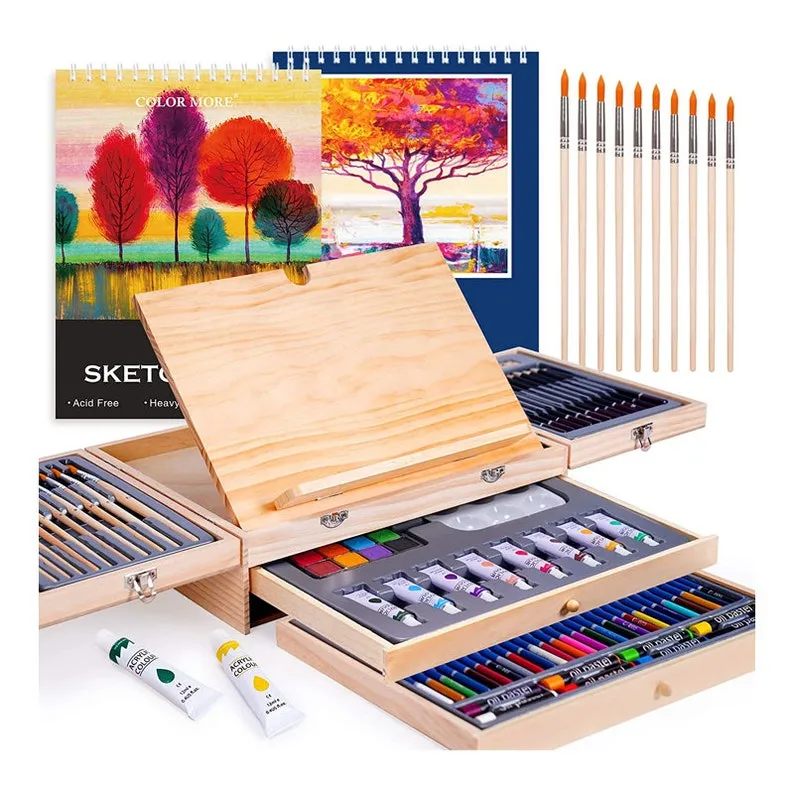 Painting and drawing set professionally, this 85-piece art set includes a built-in wooden easel, two drawing pads, and art supplies in a portable wooden case.