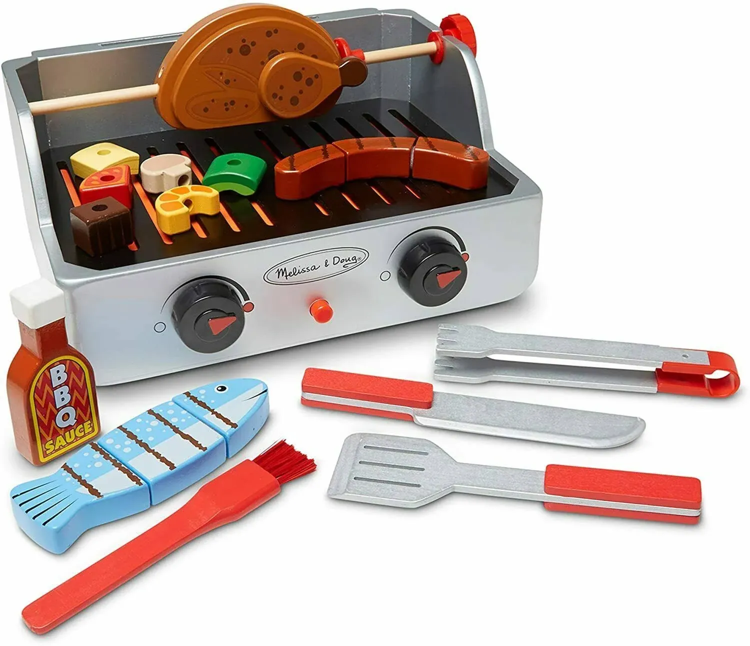 Melissa & Doug Rotisserie and Grill Wooden Barbecue Play Food Set (24 Pcs)