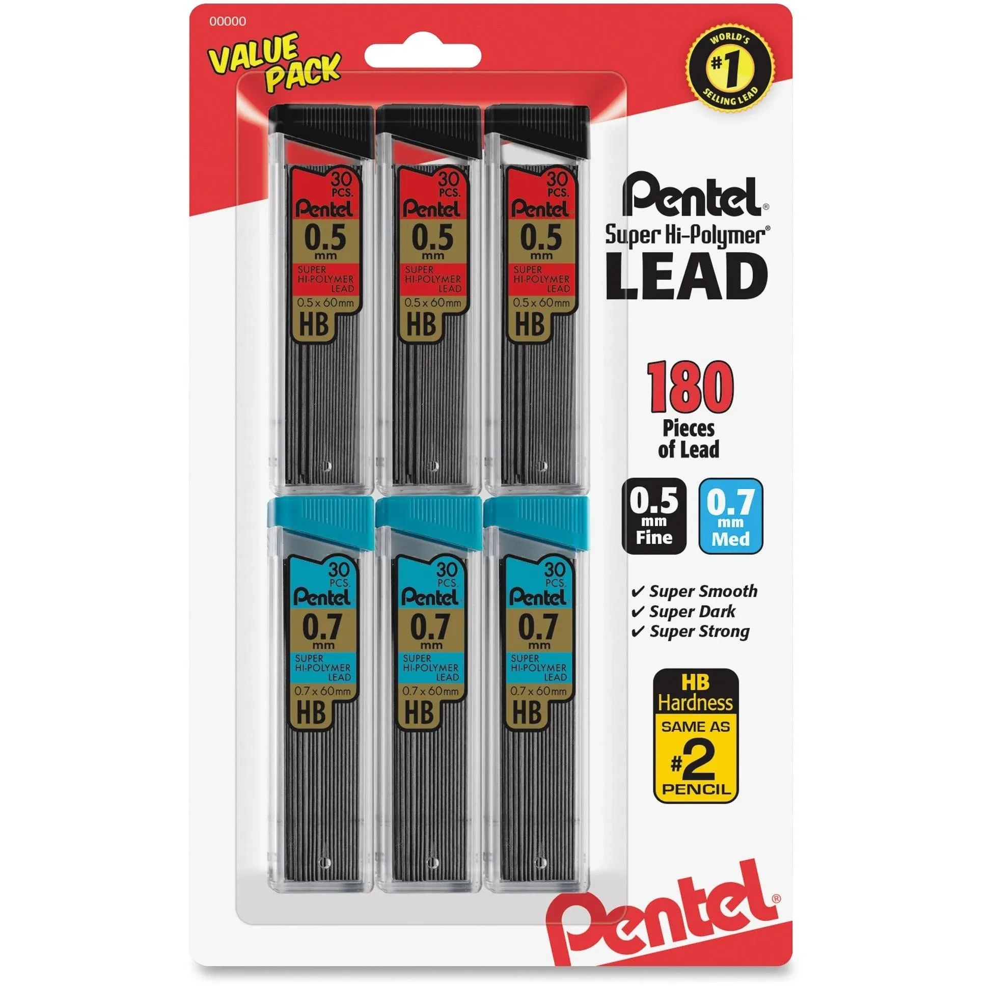 Pentel - Super Hi-Polymer Lead Refill Value Pack, 0.5 mm; 0.7 mm, HB, Black, 30/Tube, 6 Tubes/Pack