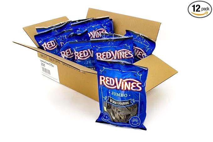 Red Vines Jumbo Black Licorice, 8oz Bag (12 Pack), Soft & Chewy Candy Twists