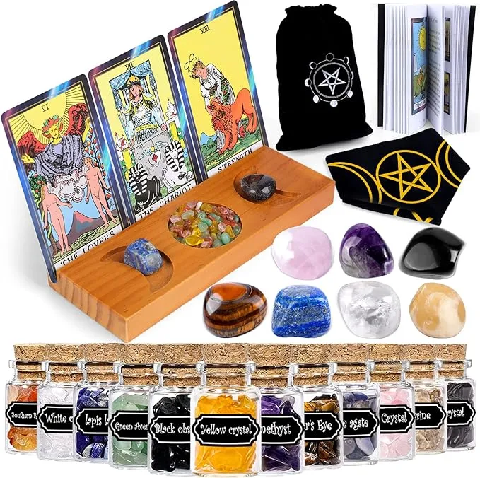 YixangDD Tarot Cards with Guide Book 18 Pcs Include 1 Deck of 78 Cards 、6 Mini Crystal Jars，7 Chakra Stones,1 Spirit Pendulum，1 Cloth ，1Goddess of Earth Pendulum mat，1 Velvet Bag