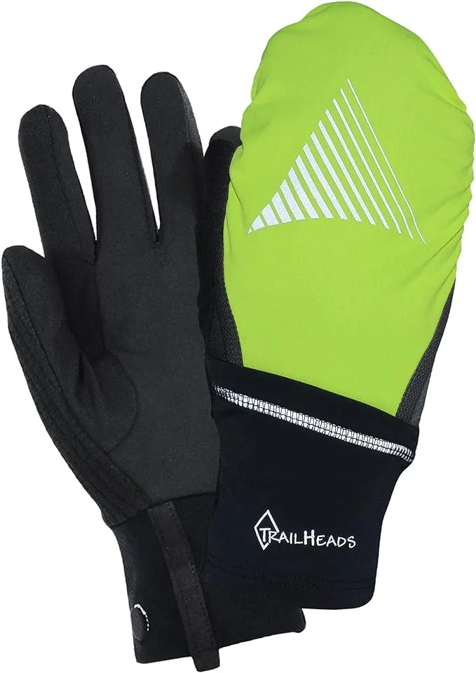 TrailHeads Mens Running Gloves Touchscreen Fingers & Convertible Waterproof Mitten Shell - for Winter, Reflective, Warm