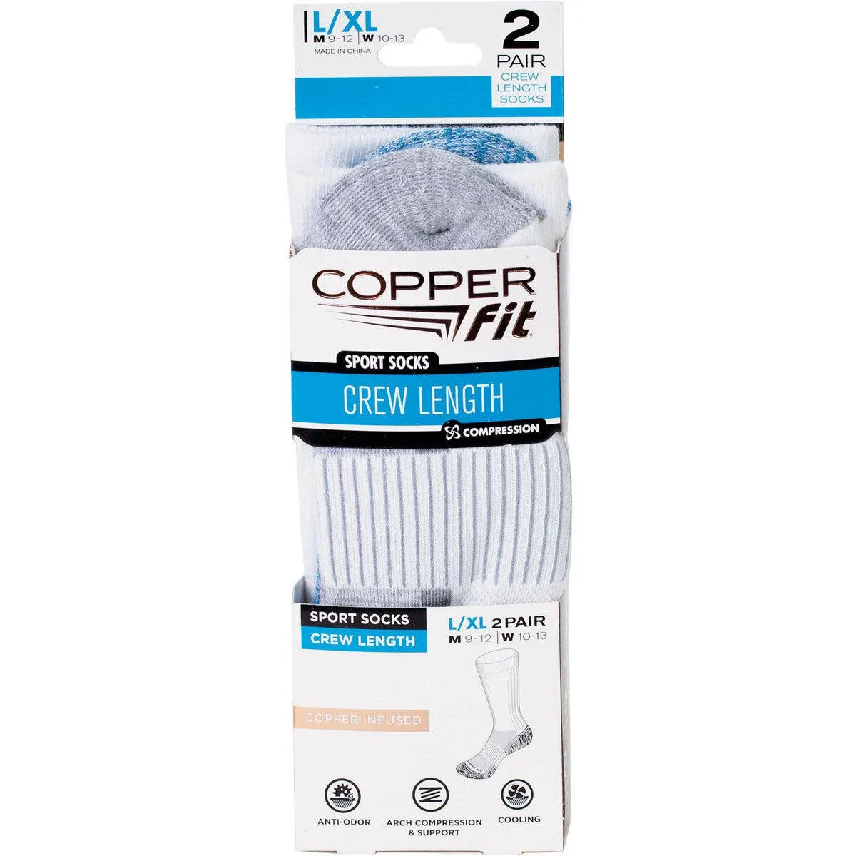 Copper Fit Socks, Sport, Crew Length, White, L/XL - 2 pairs