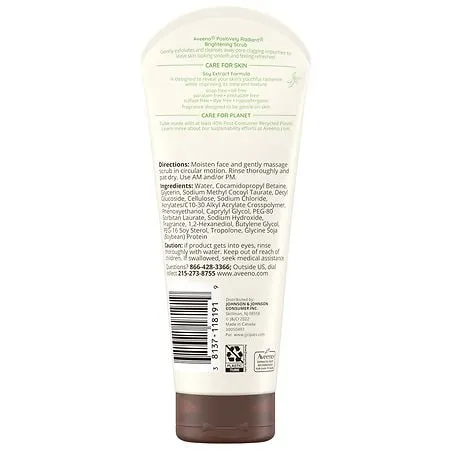 Aveeno Positively Radiant Skin Brightening Exfoliating Daily Facial Scrub, Moisture-Rich Soy Extract, helps improve skin tone & texture, Oil-& Soap-Free, Hypoallergenic, 7 oz