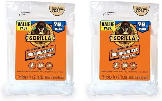 Gorilla Hot Glue Sticks, Mini Size, 4" Long x .27" Diameter, 75 Count, Clear, (Pack of 2)