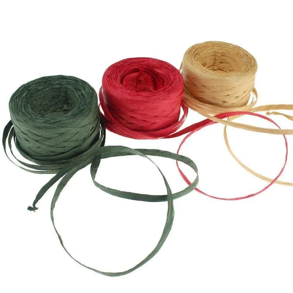 CREATRILL 3 Rolls Red Green Kraft 1/4" by 492 Feet Raffia Ribbon/String, 164 Feet Each Roll, Packing Paper Twine for Christmas