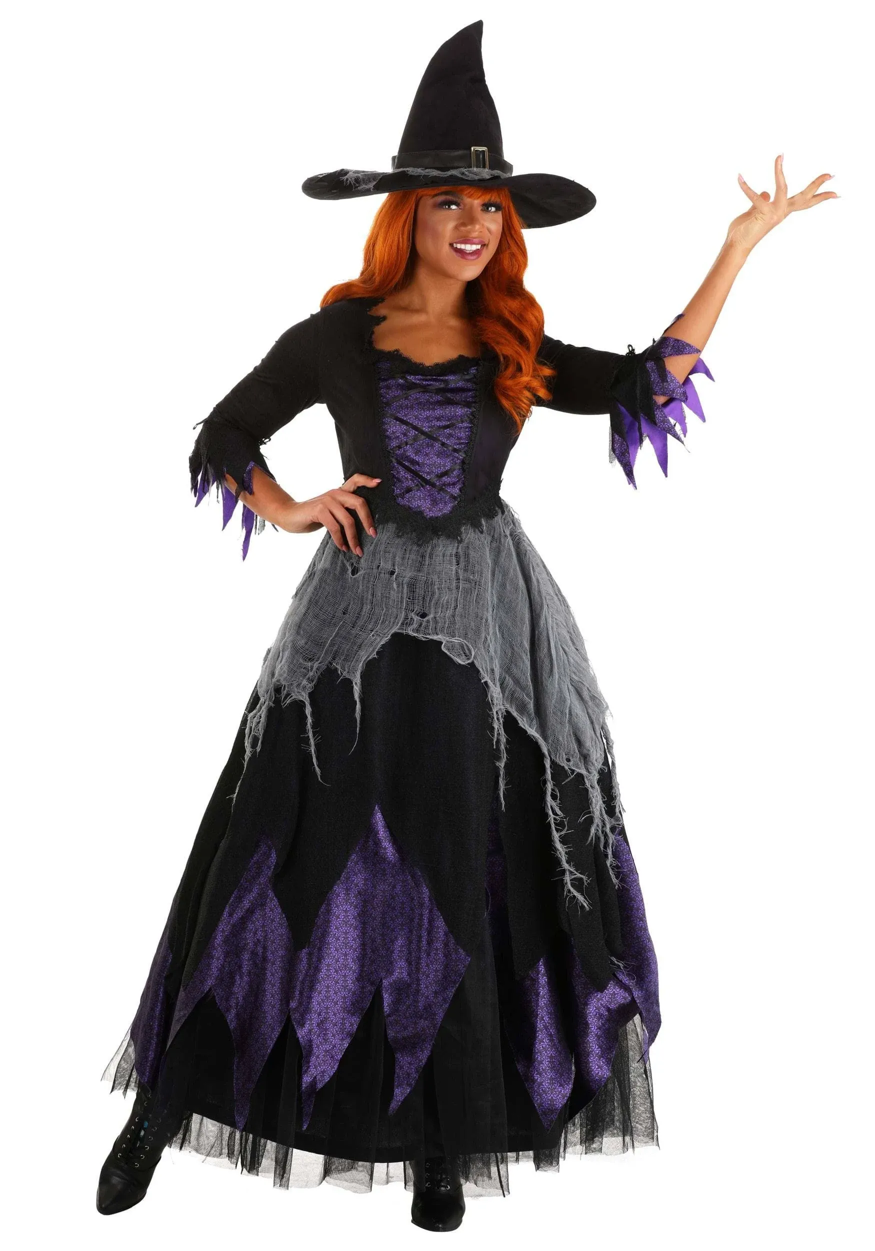 Midnight Purple Witch Women's Costume Ankle-Length Gown, Tattered Sleeves, Cheesecloth Skirt, Witch Hat