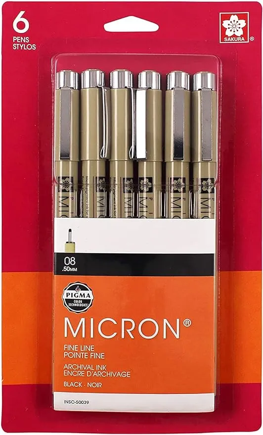 SAKURA Pigma Micron Fineliner Pens - Archival Black Ink Pens - Pens for Writing, Drawing, or Journaling - Black Ink - 08 Point Size - 6 Pack