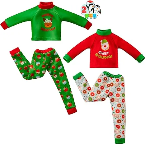 JOYIN 4 Pcs Santa Ugly Sweaters for Doll, Cupcakes and Donuts Themed Naughty Pajamas, Green and Red Festive Flannel Pajamas