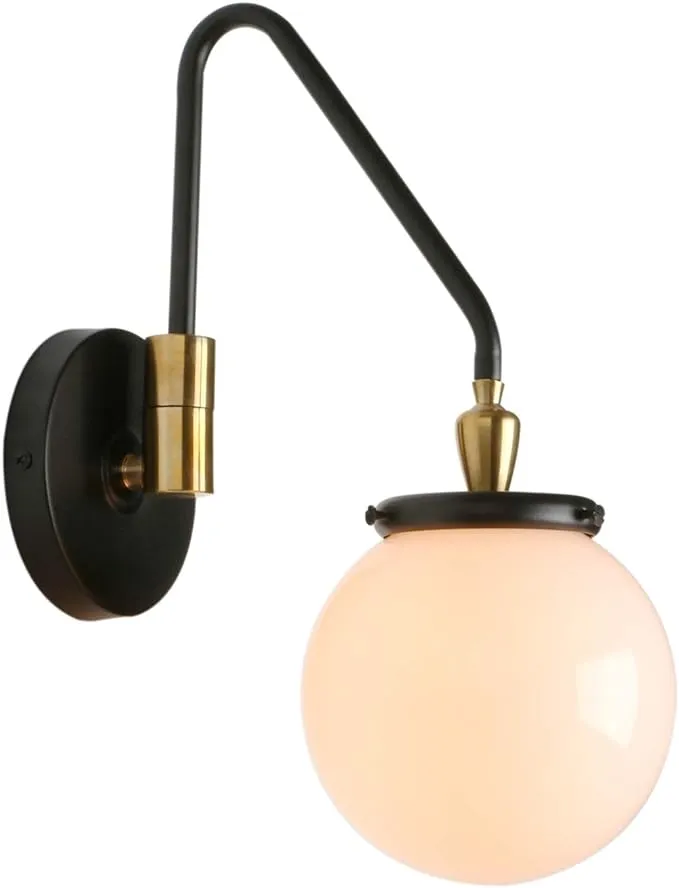 Pathson Swing Arm Wall Light, Modern Adjustable Bedside Lamp Wall Sconce Lighting E26 Base, 4.7" Base Wall Lamp Fixture with Milk White Globe Lampshade for Living Room Bathroom(Black)